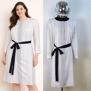 Ann Taylor Navy Stripe‎ Belted Sheath Dress Women Size 14